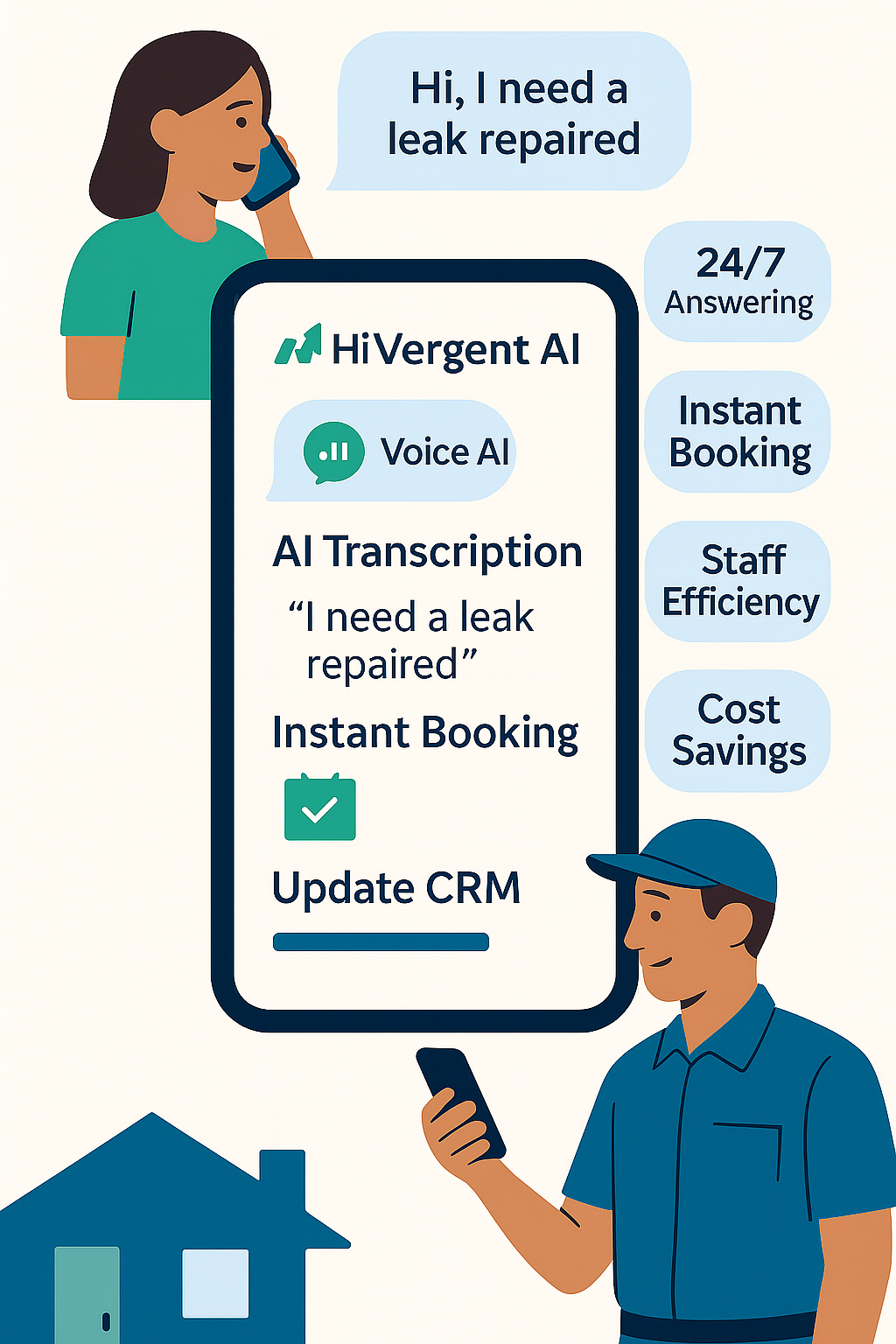 Voice AI illustration showing customer service automation with features like 24/7 answering, instant booking, and cost savings